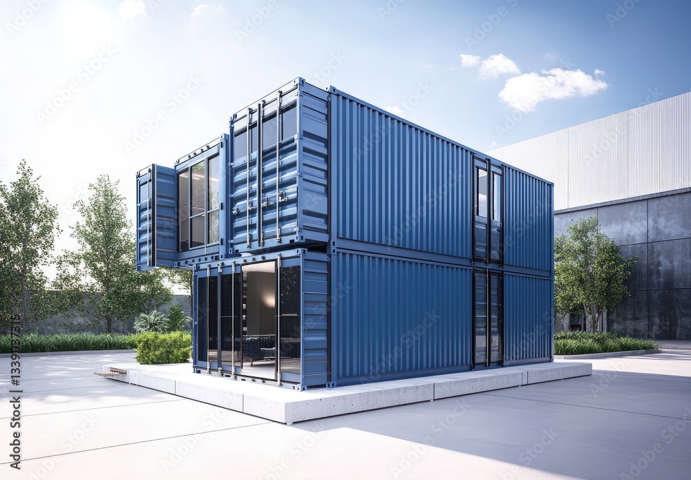 Fototapeta premium Two blue shipping containers, with office space inside, one is two stories and the other is three stories high.