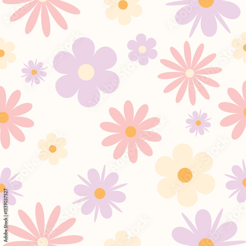 Colorful flat flowers
patterns set.Seamless backgrounds. Repeating simple floral prints wrapping, wallpaper, fabric, textile design. Vector illustration