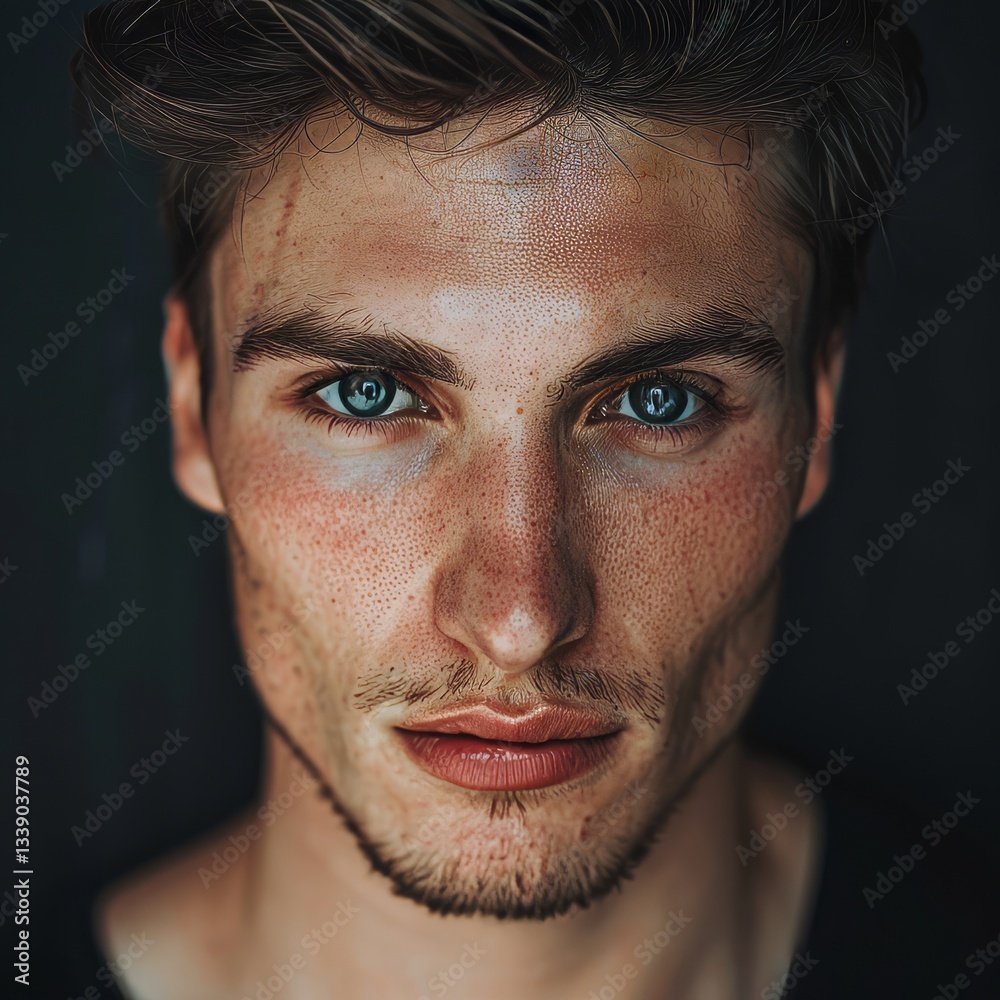 Obraz premium Young man with a strong jawline and intense eyes, looking straight into the camera, photo for a profile picture.