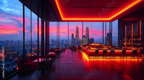 Rooftop bar at sunset with city view