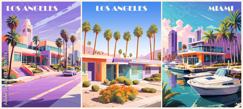 California, Los Angeles, Miami, Usa travel destination posters in retro style. Beautiful seascapes colorful vector art illustrations