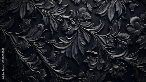 Intricate Black Floral Carvings, A Dark Romantic Tapestry Of Embossed Leaves And Flowers In A Shadowed, Velvety Texture