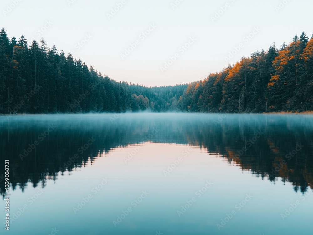Serene Misty Lake at Dawn Autumn Colors Nature Landscape Photography Tranquil Environment Reflective Water View Serene Misty Lake at Dawn Autumn Colors Nature Landscape Photography Tranquil Environment Reflective Water View