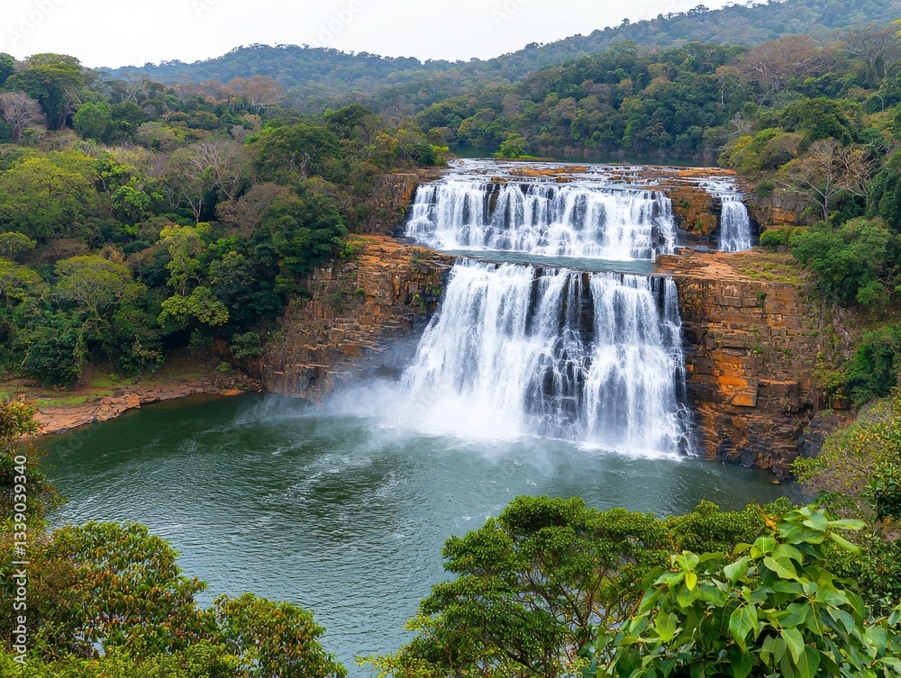 Fototapeta premium Majestic Waterfall Cascading Through Lush Forest Nature Photography Scenic Viewpoint Tranquil Environment