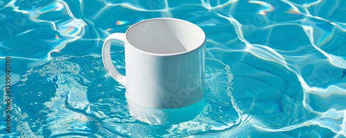 Mockup White mug floating in a swimming pool with sparkling water droplets on its surface.