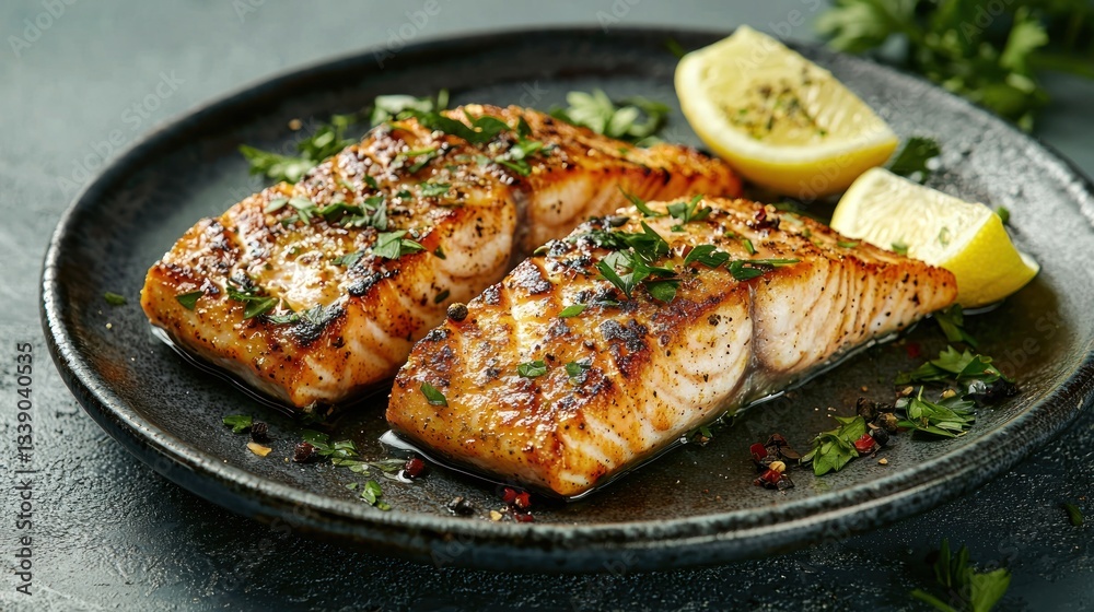Grilled fish served on a plate with lemon wedges and herbs. Grilled fish served on a plate with lemon wedges and herbs.