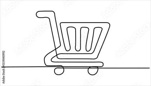 Shopping cart continuous one line drawing. Online shopping in store. Single continuous line art shopping cart trolley. Trolley shopping cart business concept. 
