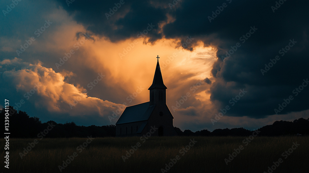 Church silhouette against dramatic sunset clouds Church silhouette against dramatic sunset clouds