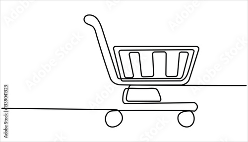 Shopping cart continuous one line drawing. Online shopping in store. Single continuous line art shopping cart trolley. Trolley shopping cart business concept. 
