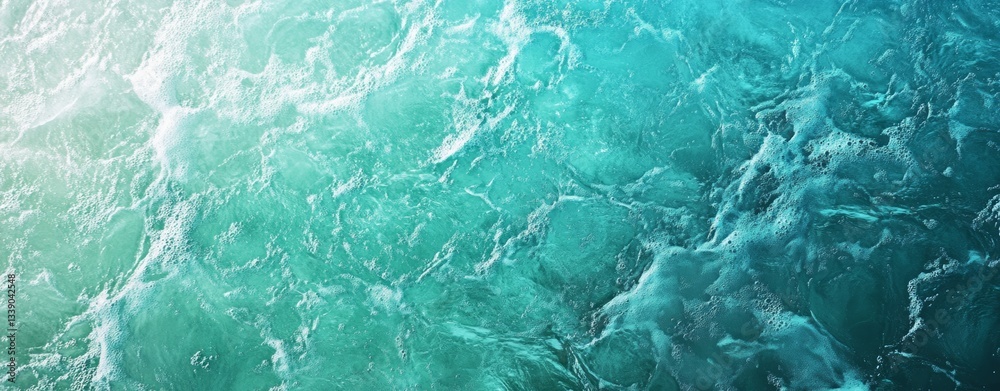 Fototapeta premium Aqua blue water with white foam texture background. Close up top view of ocean waves, turquoise sea surface