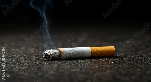 A cigarette is lit and smoking, with the smoke rising into the air photo