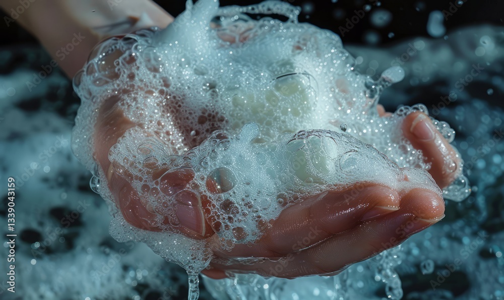Fototapeta premium holds soap in hand and washes himself with it, hyperrealistic photo, dramatic