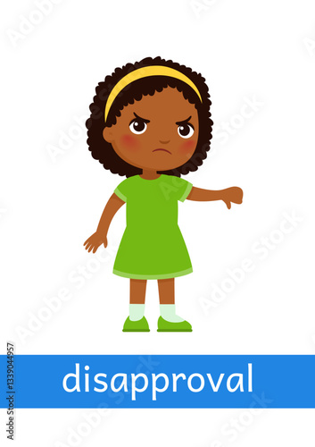 Disapproval - concept of emotion.
Little  girl with dissatisfied face holding thumb down. Learning English language. Children psychology. Cartoon character illustration