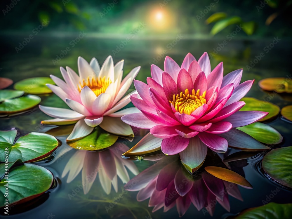 Elegant Water Lilies Blooming on Dark Green Textured Background - Nature Stock Photo Elegant Water Lilies Blooming on Dark Green Textured Background - Nature Stock Photo