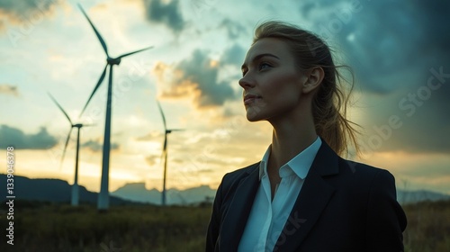 Confident young caucasian female with wind turbines at sunset