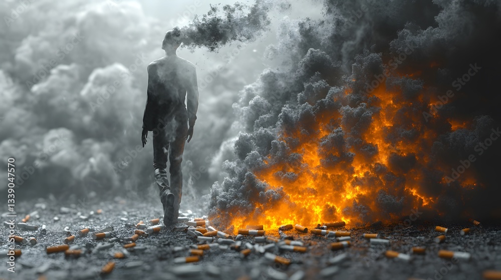 Fototapeta premium Person exhaling fresh clean air while cigarettes fade away behind them inspiring freedom 3D render