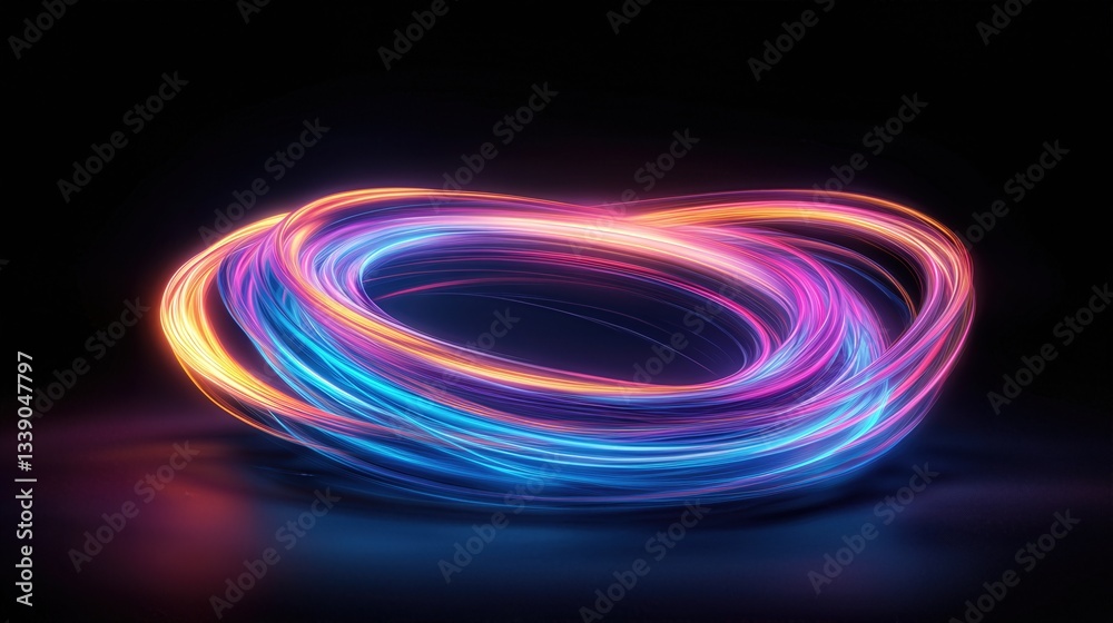 Vibrant Energy Loop: Captivating neon light trails swirl in a mesmerizing display of motion and energy, with a dark background. Vibrant Energy Loop: Captivating neon light trails swirl in a mesmerizing display of motion and energy, with a dark background.