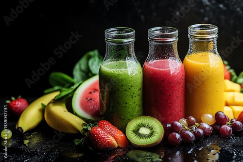 Wallpaper Mural three bottles of colorful smoothie with fresh fruits on dark background Torontodigital.ca