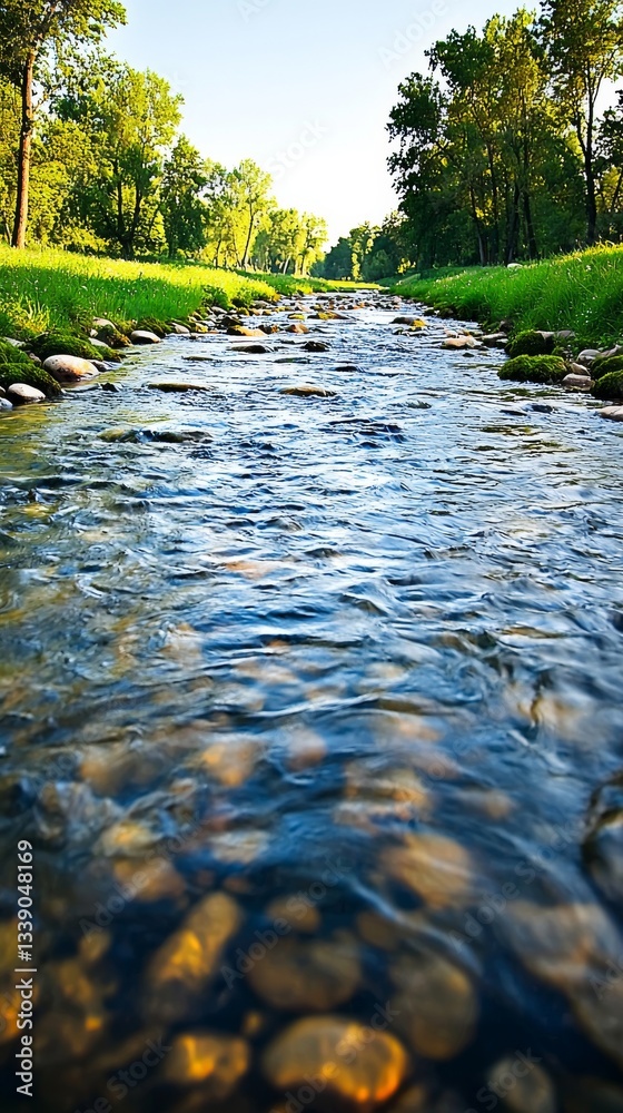 Fototapeta premium Serene Stream Flowing Through Lus Nature Landscape Scene Tranquil Environment Close-Up View Freshwater Concept