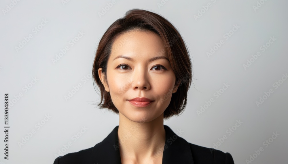 Confident Asian businesswoman in a black blazer posing for a professional headshot gray background Confident Asian businesswoman in a black blazer posing for a professional headshot gray background