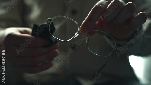 Dirty glasses.
Dust on the lenses of glasses.
Dusty glasses.
A man wipes glasses with a napkin.
A man took off his glasses and wipes them with a napkin.
Glasses, dust, glass