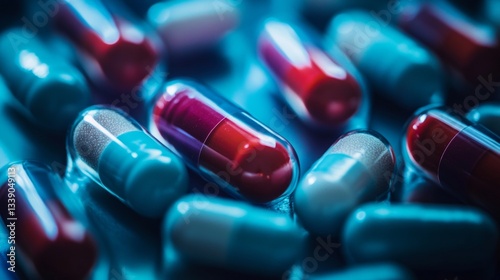 Close-up of red and blue capsules on reflective surface
