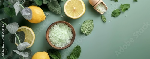 Summer foot scrub with peppermint, eucalyptus, and lemon on a green background with copy space. 4K hyperrealistic photo