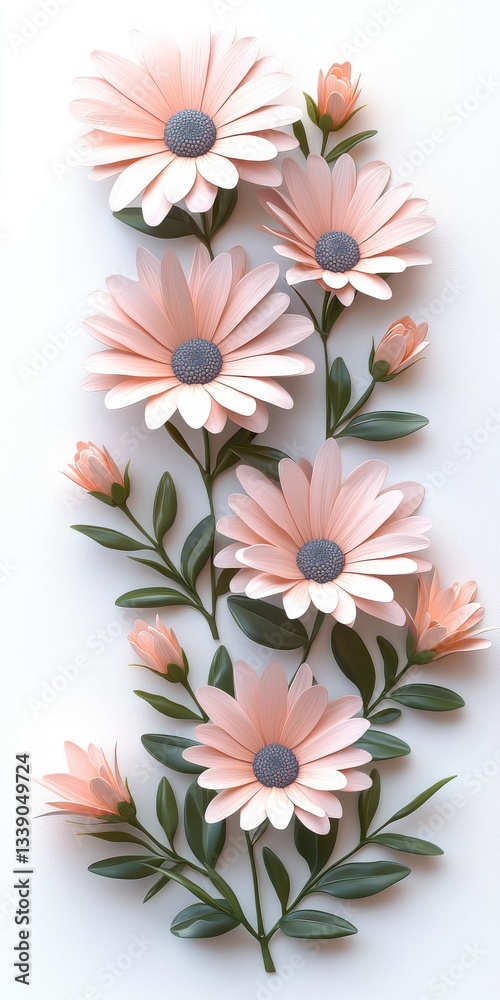 Obraz premium Delicate Pink Paper Flowers with Green Leaves Arranged on a White Background for Art and Decoration
