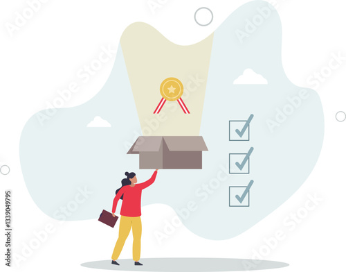 Quality Control, QC to check quality and giving certified or approval, process to assure excellence product and service delivery, guarantee concept.flat character life .
