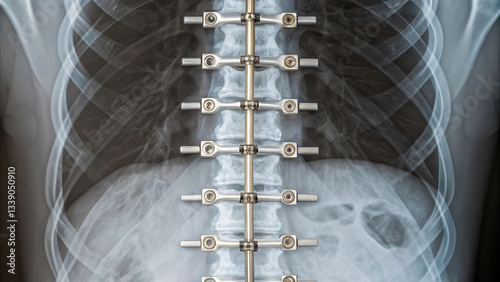 X ray image of spine with metal rods and screws after surgery, showing detailed alignment
