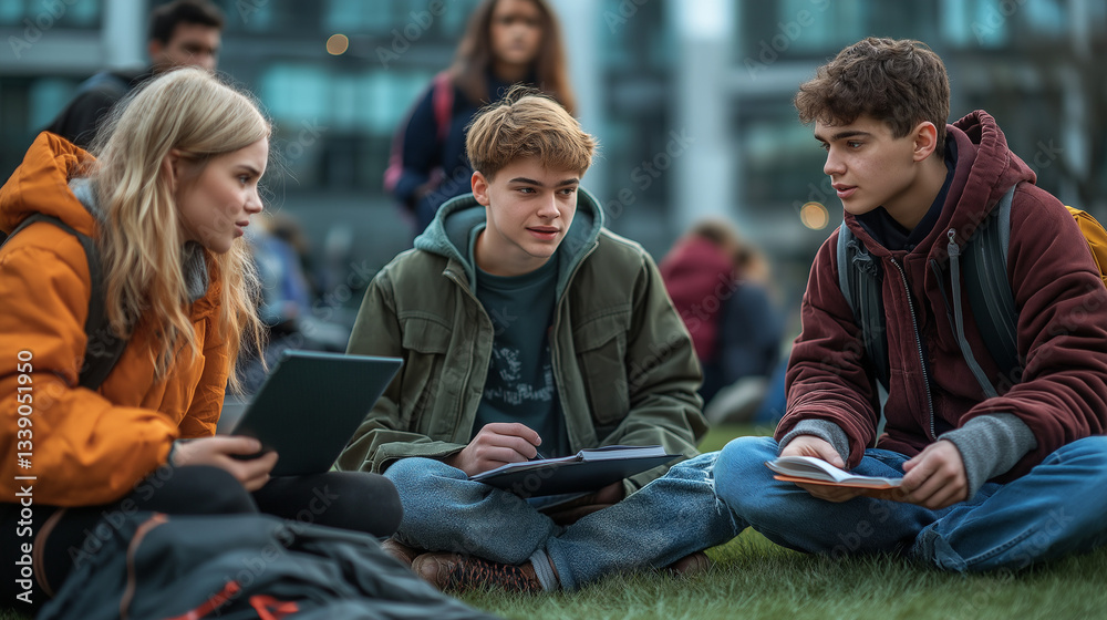 Fototapeta premium A group of young people are having a serious discussion in an open space, sitting in a circle on the grass.