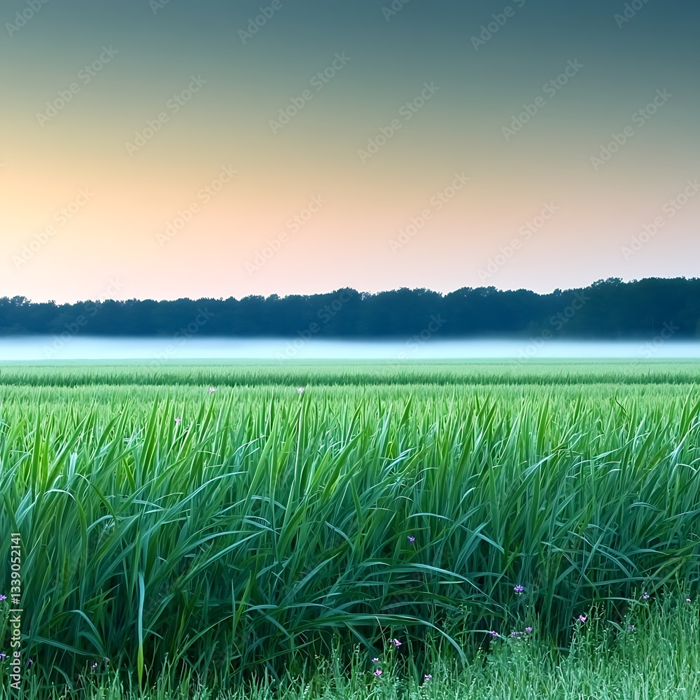Fototapeta premium Expansive field of tall grass gently swaying in the breeze under a bright blue sky