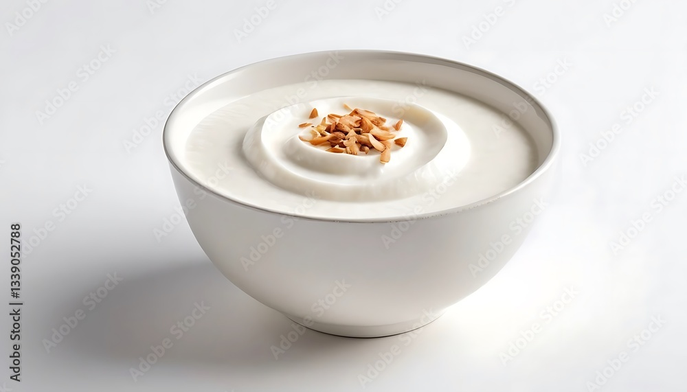Serving of White Yogurt with Almond Flakes in a Ceramic Bowl Serving of White Yogurt with Almond Flakes in a Ceramic Bowl