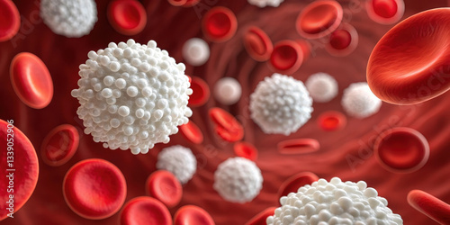 detailed illustration of leukemia affected bloodstream showing abnormal white blood cells