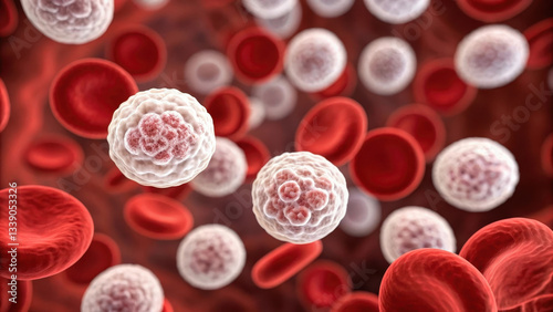 Microscopic view of leukemia cells among red blood cells, highlighting disease