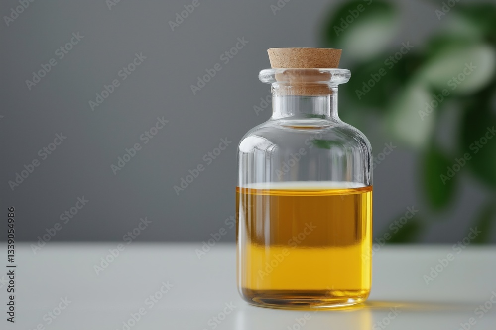 A bottle of oil sits on a table. The bottle is made of glass and has a cork stopper. The oil inside the bottle is yellow and he is of high quality A bottle of oil sits on a table. The bottle is made of glass and has a cork stopper. The oil inside the bottle is yellow and he is of high quality
