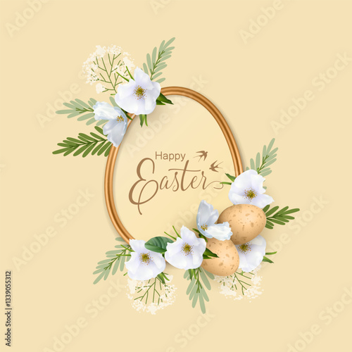 Easter banner. Golden egg-shaped frame decorated with spring flowers, Easter colorful eggs and hand drawn plants