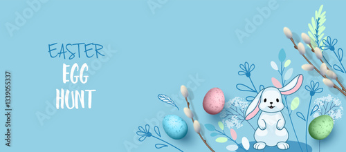 Easter banner with bunny, eggs, flowers and willow branches
