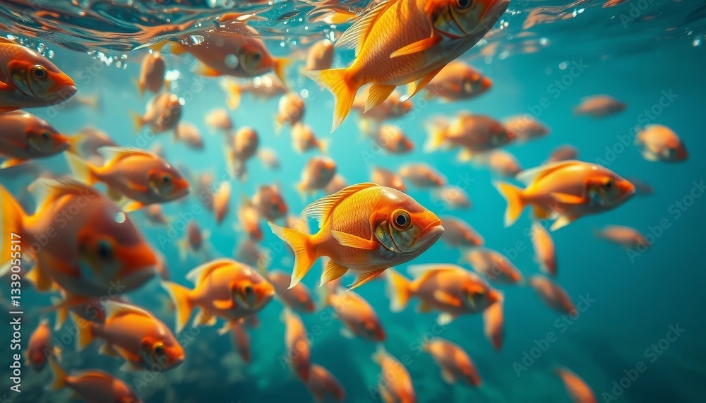 Fototapeta premium Vibrant orange fish school swimming in clear blue water, creating a mesmerizing underwater scene of aquatic life, showcasing the beauty of nature's vibrant colors and diverse marine ecosystem.