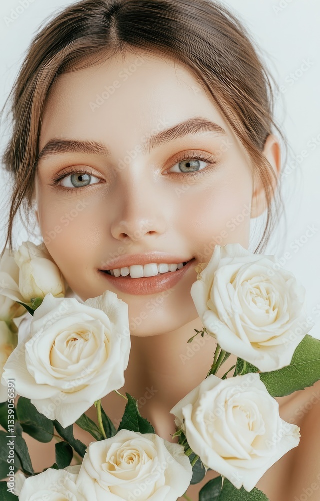 A beautiful woman with brown hair and light makeup is holding white roses in her hand A beautiful woman with brown hair and light makeup is holding white roses in her hand