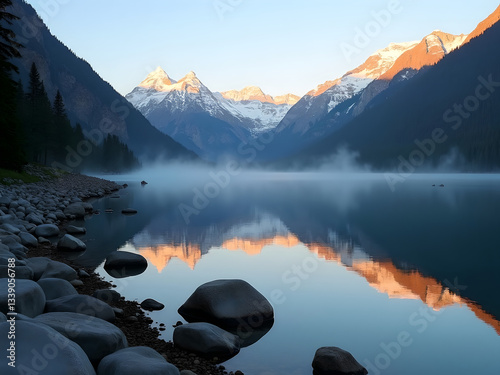 Loch Shiel with Mist During Sunrise in Wintertime – Stock Photo
 photo