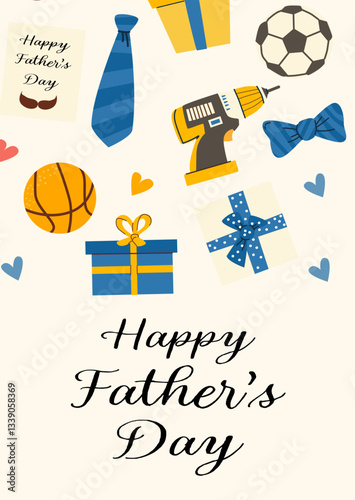 Happy father's day card design with gifts and sports elements.