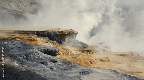 Boiling water erupts from geysers surrounded by colorful mineral-rich terraces in a geothermal landscape during daylight