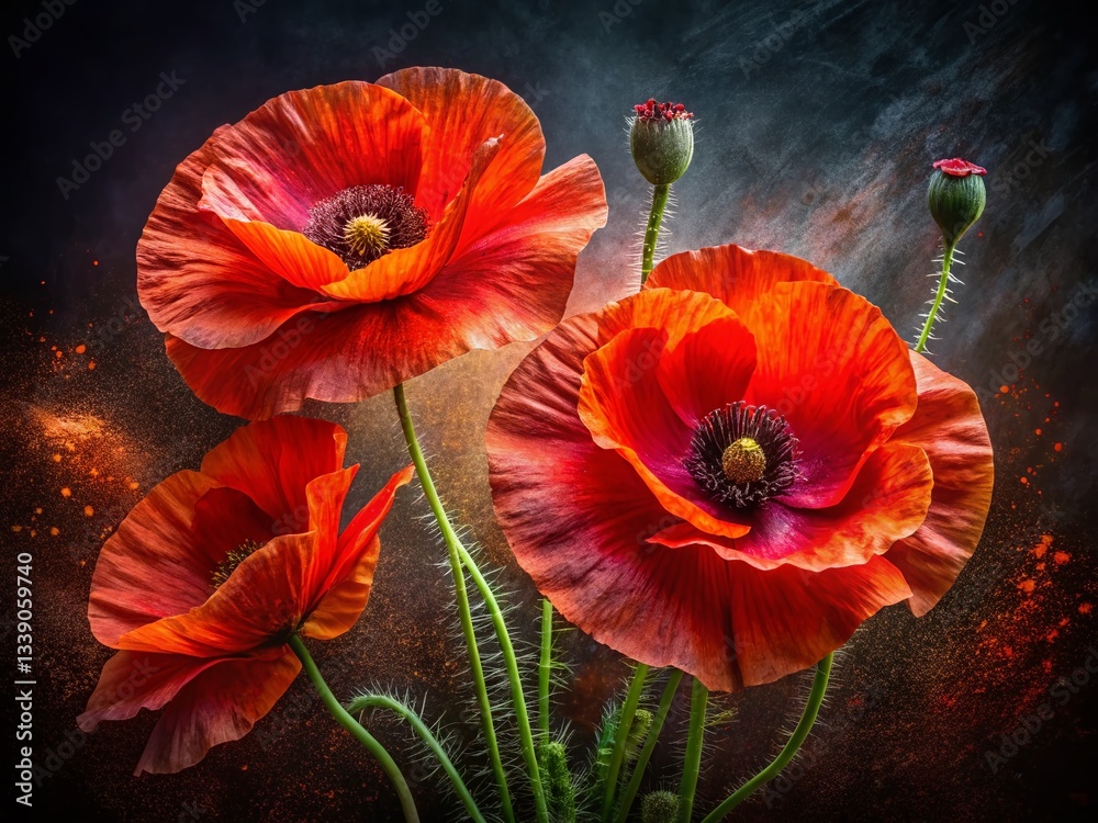 Obraz premium Elegant Double Exposure: Vibrant Poppies & Textured Paper Cut Art on Black