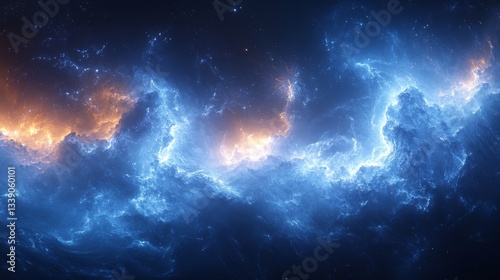 Abstract cosmic nebula with blue and orange energy clouds.