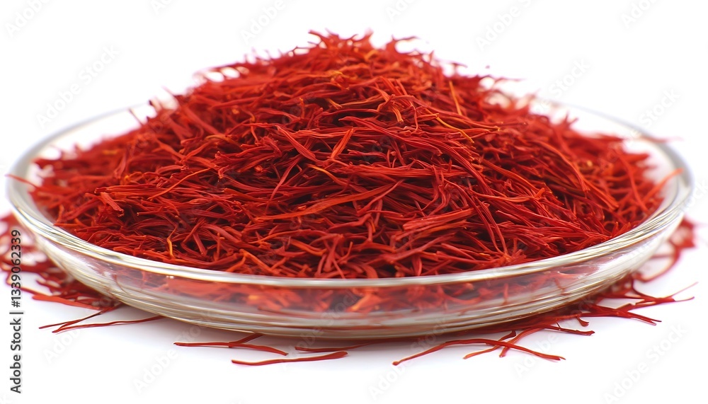 Fototapeta premium Saffron threads on glass plate, white background, food concept