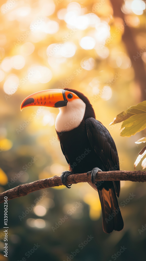Obraz premium A majestic toucan perches on a tree branch, its brilliant beak glowing in the golden rainforest sunlight.