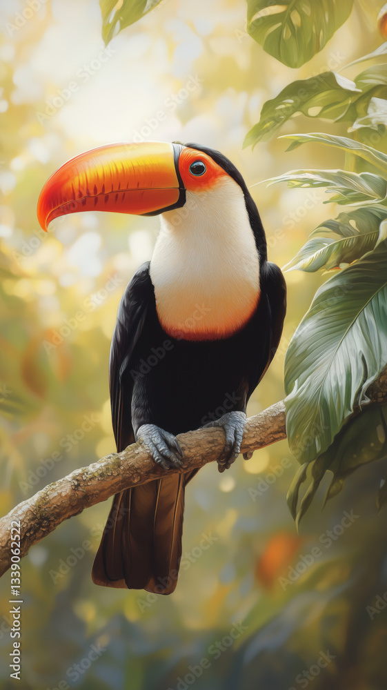 Obraz premium A stunning close-up of a toucan perched on a tree branch, its vibrant orange beak contrasting against the lush green rainforest foliage.