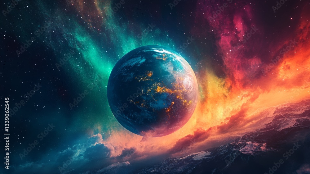Naklejka premium Earth in a Colorful Cosmic Landscape
