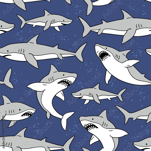 Seamless vector pattern with cute sharks. Hand drawn underwater sealife illustration. Perfect for textile, wallpaper or print design. EPS10 vector file.